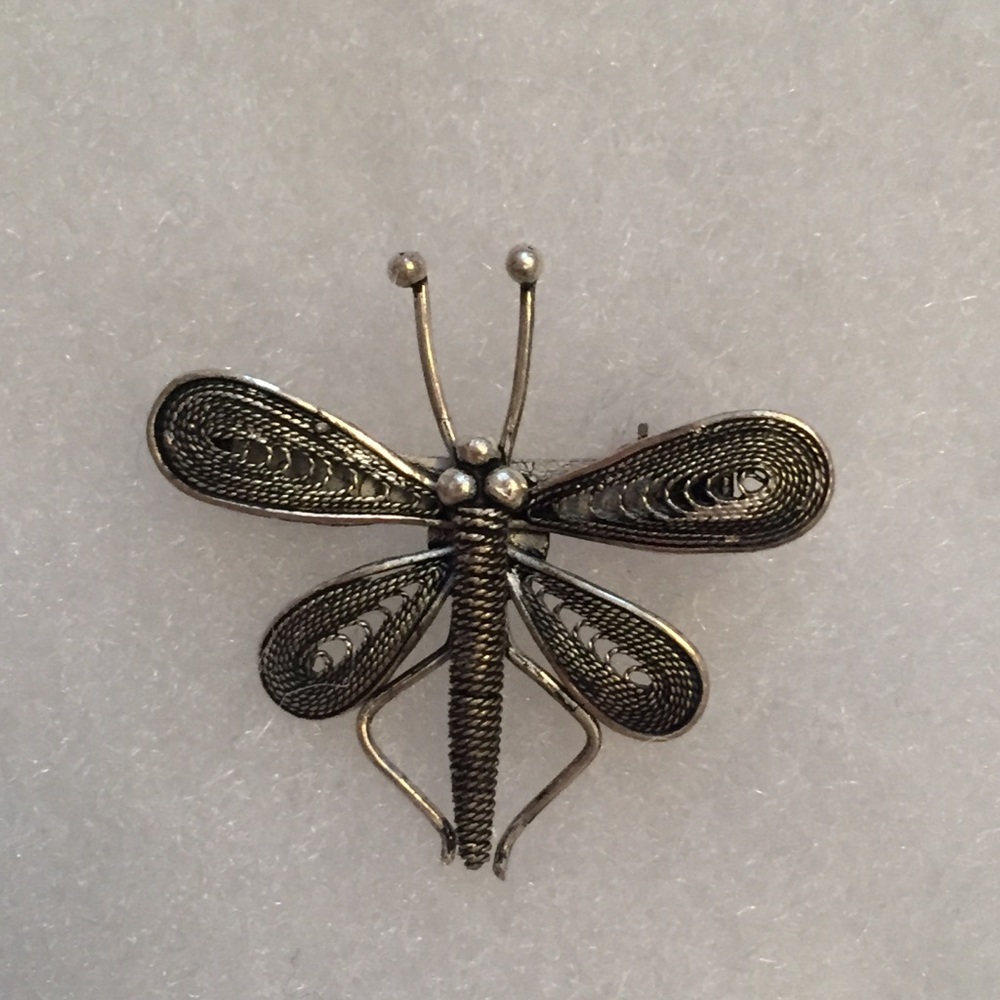BROOCH PIN VINTAGE STERLING SILVER 925 DRAGONFLY QUILLING LOOK